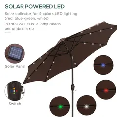 Outsunny Φ2.7m Garden 24 LED Light Parasol Solar Outdoor Tilt Sun Umbrella Patio Club Party Event Manual Sun Shade w/ Hand Crank and 8 Ribs, Brown - 5