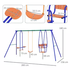 Outsunny Three-In-One Kids Metal Swing Set with Swing, Glider, Rocking Chair Swing, for Ages 3+ years - Orange and Blue - 3