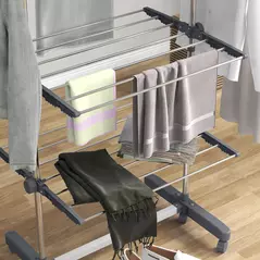 HOMCOM Four-Shelf Collapsing Clothes Horse, With Side Arms and Wheels - Grey - 9