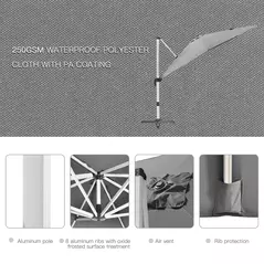 Outsunny 3 x 3(m) Cantilever Roma Parasol, Square Garden Umbrella with Cross Base, Crank Handle, Tilt, 360° Rotation and Aluminium Frame, Grey - 6