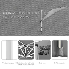 Outsunny 3 x 3(m) Cantilever Roma Parasol, Square Garden Umbrella with Cross Base, Crank Handle, Tilt, 360° Rotation and Aluminium Frame, Grey - 6