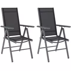 Outsunny Set of 2 Folding Garden Chairs, Aluminium Frame Outdoor Dining Chairs with Breathable Mesh Back and Seat, Garden Folding Chair Set with Armrests for Balcony, Dark Grey - 1
