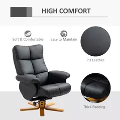 HOMCOM PU Leather Swivel Recliner Chair with Footstool, Wooden Base and Storage for Living Room, Black - 6