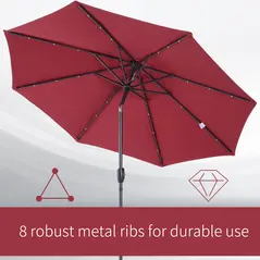 Outsunny Φ2.7m Garden 24 LED Light Parasol Solar Outdoor Tilt Sun Umbrella Patio Club Party Event Manual Sun Shade w/ Hand Crank and 8 Ribs, Red - 7