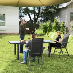 Outsunny Set of 2 Folding Garden Chairs, Aluminium Frame Outdoor Dining Chairs with Breathable Mesh Back and Seat, Garden Folding Chair Set with Armrests for Balcony, Dark Grey - 2