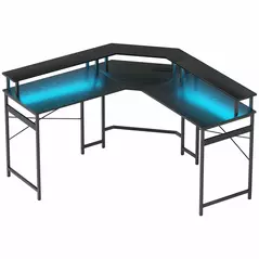 HOMCOM 'L' Shaped Work Desk, with LED Lights - Black - 1