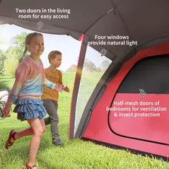 Outsunny 4-6 Man Family Camping Tent w/ 2 Bedrooms and a Living Room, Waterproof Tunnel Tent w/ Sewn In Groundsheet, Doors, Windows, Carry Bag, Grey - 6