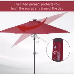 Outsunny Φ2.7m Garden 24 LED Light Parasol Solar Outdoor Tilt Sun Umbrella Patio Club Party Event Manual Sun Shade w/ Hand Crank and 8 Ribs, Red - 5