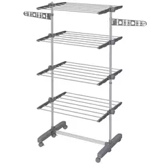 HOMCOM Four-Shelf Collapsing Clothes Horse, With Side Arms and Wheels - Grey - 1