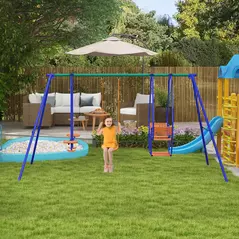 Outsunny Three-In-One Kids Metal Swing Set with Swing, Glider, Rocking Chair Swing, for Ages 3+ years - Orange and Blue - 2
