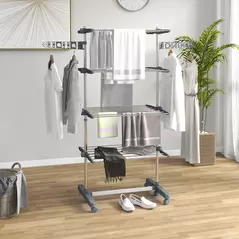 HOMCOM Four-Shelf Collapsing Clothes Horse, With Side Arms and Wheels - Grey - 2