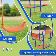 Outsunny Three-In-One Kids Metal Swing Set with Swing, Glider, Rocking Chair Swing, for Ages 3+ years - Orange and Blue - 5