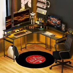 HOMCOM 'L' Shaped Work Desk, with LED Lights - Black - 2