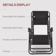 Outsunny Garden Recliner Chairs Set of 2, Outdoor Foldable Zero Gravity Chairs Set w/ Footstool and Detachable Headrest, Black - 6