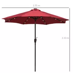 Outsunny Φ2.7m Garden 24 LED Light Parasol Solar Outdoor Tilt Sun Umbrella Patio Club Party Event Manual Sun Shade w/ Hand Crank and 8 Ribs, Red - 3