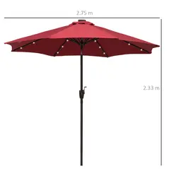 Outsunny Φ2.7m Garden 24 LED Light Parasol Solar Outdoor Tilt Sun Umbrella Patio Club Party Event Manual Sun Shade w/ Hand Crank and 8 Ribs, Red - 3