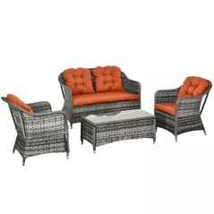 Outsunny Four-Piece Rattan Sofa Set, with Glass-Top Table - Orange - 1