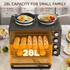 HOMCOM 28L Mini Oven with 2 Hot Plates, Countertop Toaster Oven, Grill, Roast, Bake, Boil, with Timer, Adjustable Temperature, Electric Oven with Baking Tray, Grill Rack, Crumb Tray, 2600W, Black - 5