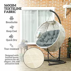 Outsunny Hanging Egg Chair Outdoor Indoor Garden Swing Chair with Folding Basket, Garden Hanging Chair with Stand, Thickened Cushion, Cup Holder for Patio, Balcony, Grey - 5
