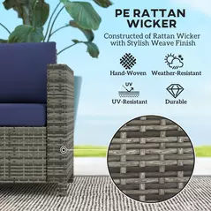 Outsunny Rattan Sofa, 2 Seater Garden Furniture with Soft Padded Cushion and Armrests, Wicker Garden Loveseat for Patio, Navy Blue - 4