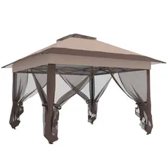 Outsunny 3.6 x 3.6 m Pop up Gazebo with Netting, Height Adjustable Party Tent Instant Canopy Sun Shade Shelter, Khaki - 1