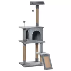 PawHut Cat Tree Tower 142cm Climbing Kitten Activity Center with Jute Scratching Post Board, Removable Felt Hanging Toy, Grey - 1