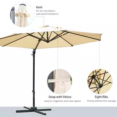 Outsunny Round Umbrella Parasol W/ Tilt 360° Rotation and Hand Crank Cross Base-Beige - 6