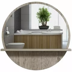 kleankin 45cm Round Home Mirror, with Shelf - Grey Wood-Effect - 1