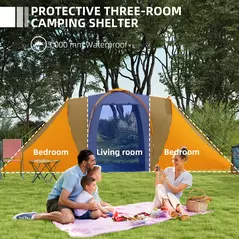 Outsunny Large Camping Tent Tunnel Tent with 2 Bedroom and Living Area, 2000mm Waterproof, Portable with Bag for 4-6 Man, Orange - 4