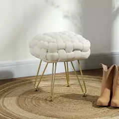 HOMCOM Velvet-Feel Bold Woven Footstool - Cream White - 2