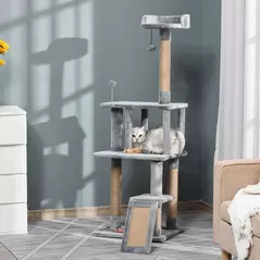 PawHut Cat Tree Tower 142cm Climbing Kitten Activity Center with Jute Scratching Post Board, Removable Felt Hanging Toy, Grey - 9