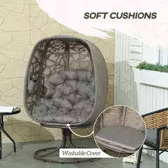 Outsunny Swivel Egg Chair with Cushions, Foldable Basket Seat and Metal Frame, Indoor Outdoor Lounge Chair for Balcony, Poolside, Patio and Living Room, Sand Brown - 5