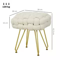 HOMCOM Velvet-Feel Bold Woven Footstool - Cream White - 3