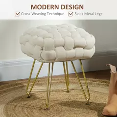 HOMCOM Velvet-Feel Bold Woven Footstool - Cream White - 4