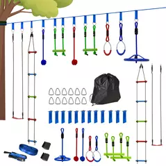 AIYAPLAY 10-Piece Zip Line Kit for Kids with 10m Slackline, Monkey Bars, Swing, Climbing Ladder, Hanging Tray, Metal Rings - 1