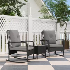 Outsunny Three-Piece Rocking Chair Rattan Bistro Set - Black - 2