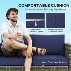 Outsunny Rattan Sofa, 2 Seater Garden Furniture with Soft Padded Cushion and Armrests, Wicker Garden Loveseat for Patio, Navy Blue - 5