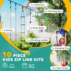 AIYAPLAY 10-Piece Zip Line Kit for Kids with 10m Slackline, Monkey Bars, Swing, Climbing Ladder, Hanging Tray, Metal Rings - 4