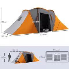 Outsunny Large Camping Tent Tunnel Tent with 2 Bedroom and Living Area, 2000mm Waterproof, Portable with Bag for 4-6 Man, Orange - 3