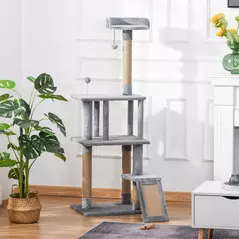 PawHut Cat Tree Tower 142cm Climbing Kitten Activity Center with Jute Scratching Post Board, Removable Felt Hanging Toy, Grey - 8