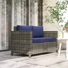 Outsunny Rattan Sofa, 2 Seater Garden Furniture with Soft Padded Cushion and Armrests, Wicker Garden Loveseat for Patio, Navy Blue - 2