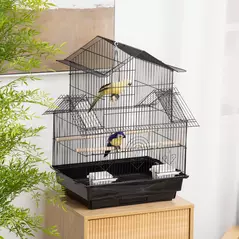 PawHut Metal Bird Cage with Plastic Swing Perch Food Container Tray Handle for Finch Canary Budgie 43.5 x 33 x 63 cm, Black - 2