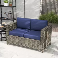 Outsunny Rattan Sofa, 2 Seater Garden Furniture with Soft Padded Cushion and Armrests, Wicker Garden Loveseat for Patio, Navy Blue - 8