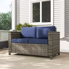 Outsunny Rattan Sofa, 2 Seater Garden Furniture with Soft Padded Cushion and Armrests, Wicker Garden Loveseat for Patio, Navy Blue - 7