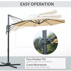 Outsunny Round Umbrella Parasol W/ Tilt 360° Rotation and Hand Crank Cross Base-Beige - 4