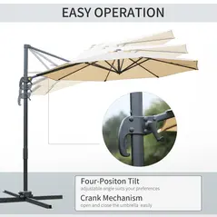 Outsunny Round Umbrella Parasol W/ Tilt 360° Rotation and Hand Crank Cross Base-Beige - 4