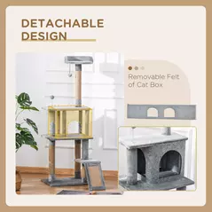 PawHut Cat Tree Tower 142cm Climbing Kitten Activity Center with Jute Scratching Post Board, Removable Felt Hanging Toy, Grey - 7