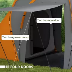 Outsunny Large Camping Tent Tunnel Tent with 2 Bedroom and Living Area, 2000mm Waterproof, Portable with Bag for 4-6 Man, Orange - 5