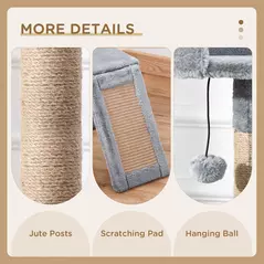 PawHut Cat Tree Tower 142cm Climbing Kitten Activity Center with Jute Scratching Post Board, Removable Felt Hanging Toy, Grey - 5