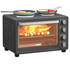 HOMCOM 28L Mini Oven with 2 Hot Plates, Countertop Toaster Oven, Grill, Roast, Bake, Boil, with Timer, Adjustable Temperature, Electric Oven with Baking Tray, Grill Rack, Crumb Tray, 2600W, Black - 1